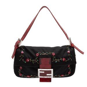 Black & Red Fendi Satin & Lizard Beaded Baguette Bag